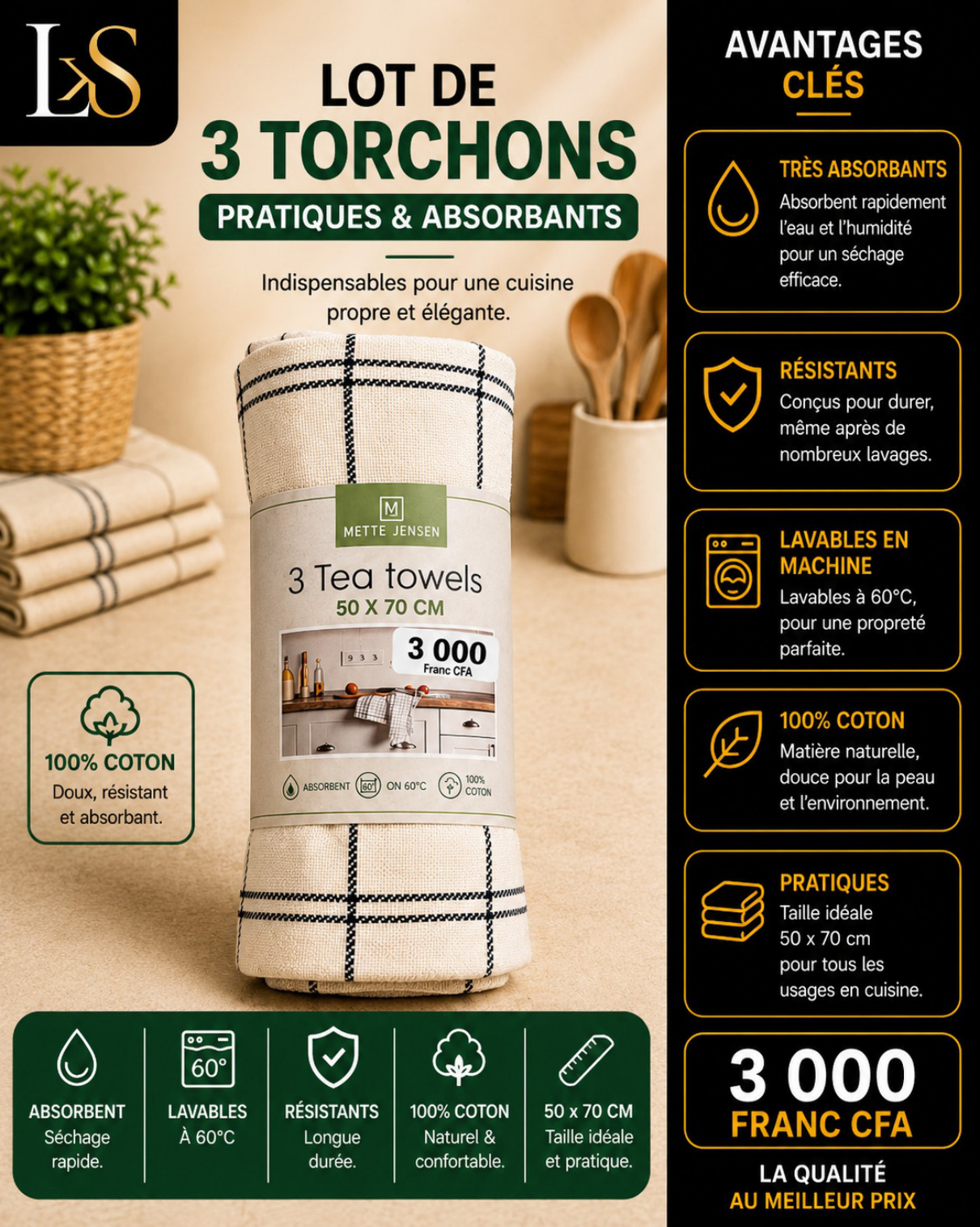 Lot de 3 torchons