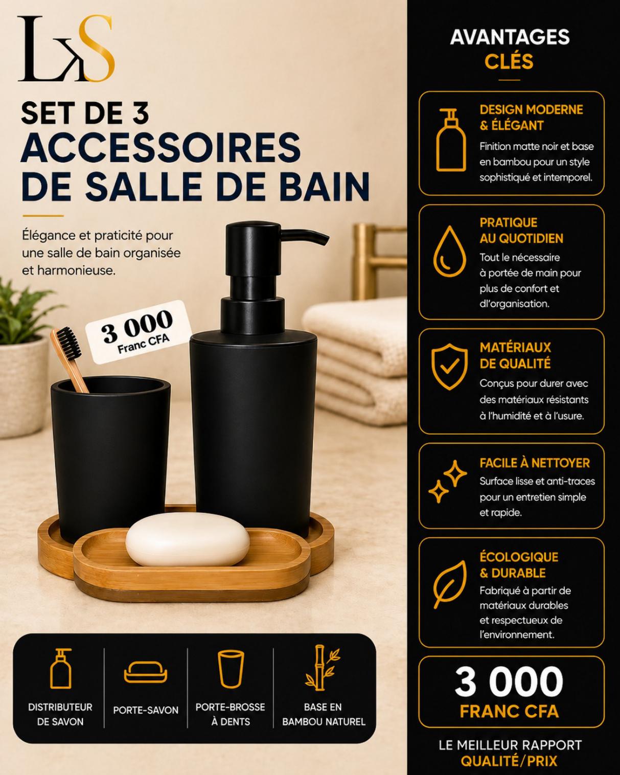 Set de 3 accessoires de salle de bain