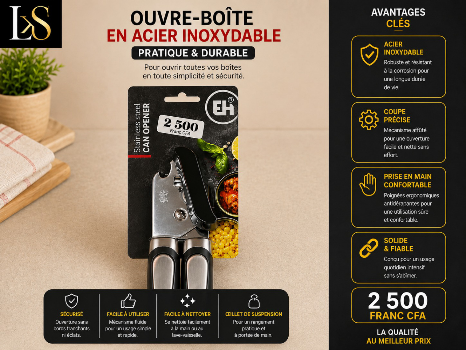 Ouvre-boîte en acier inoxydable